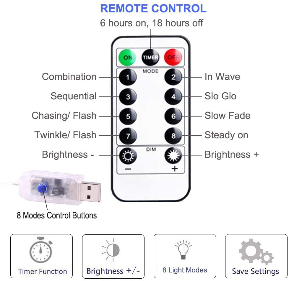 Guirnalda luces Hada USB de 8 Modos con Control Remoto